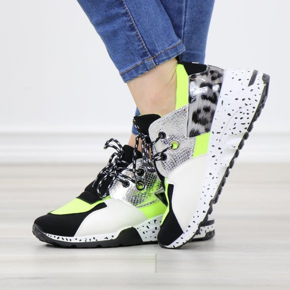 White Neon Animal Print Fashion Comfort Wedge Heel Sneakers Shoes - Picture 9 of 14